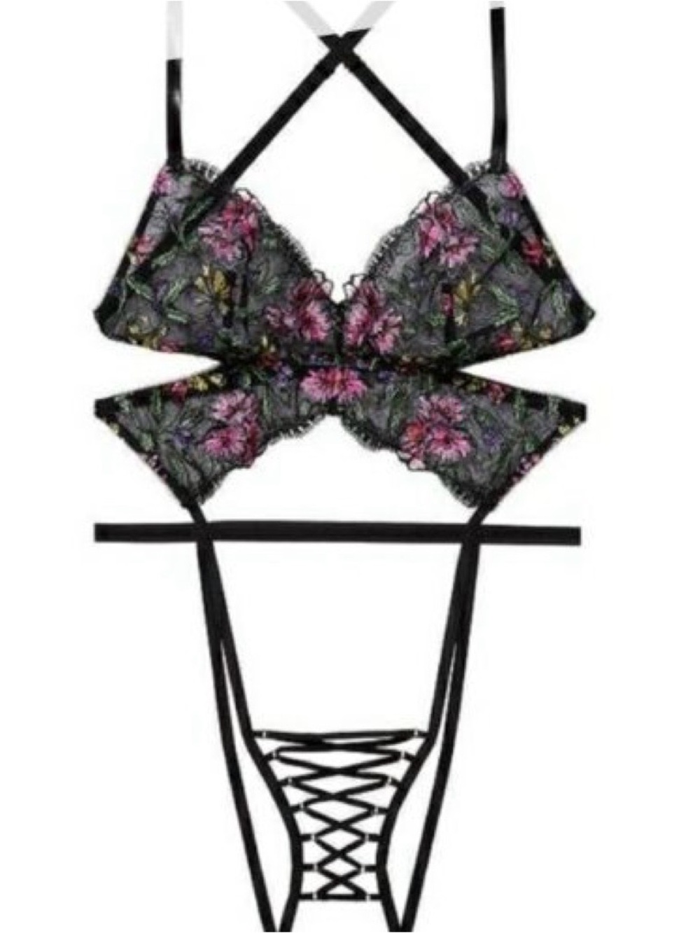 Victoria's Secret Black Lace crotchless teddy with Pink Floral Embroidery in L
